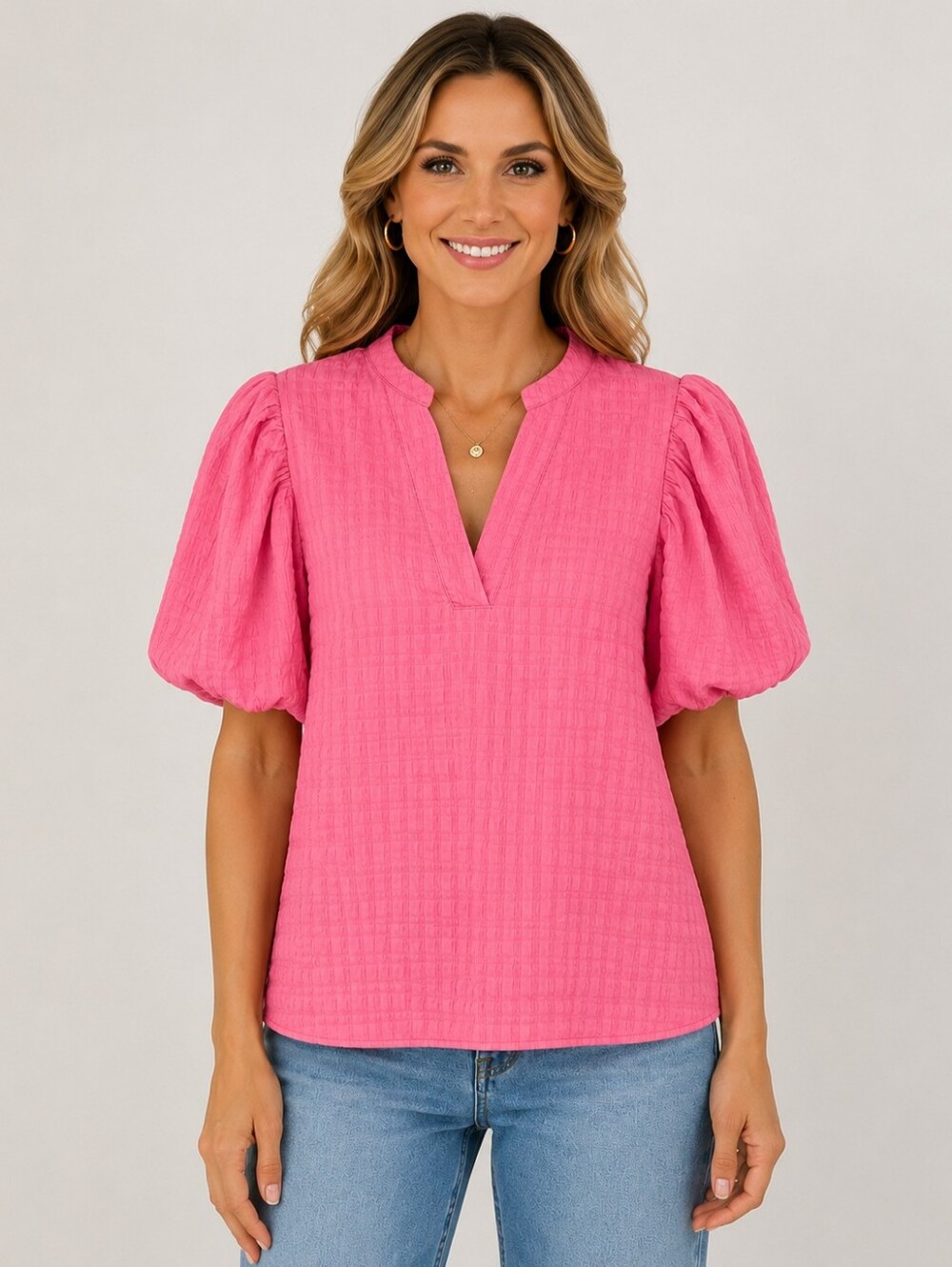 Glam NWT Pink Textured Puff Sleeve V-Neck Blouse Medium A-160